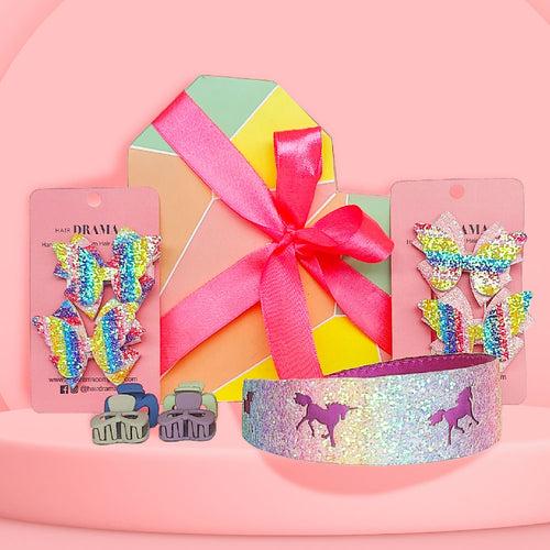 Magical Unicorn Gift Box with 1 Flat Hair Band, 4 Hair Bow Pins & 4 Mini Clamps