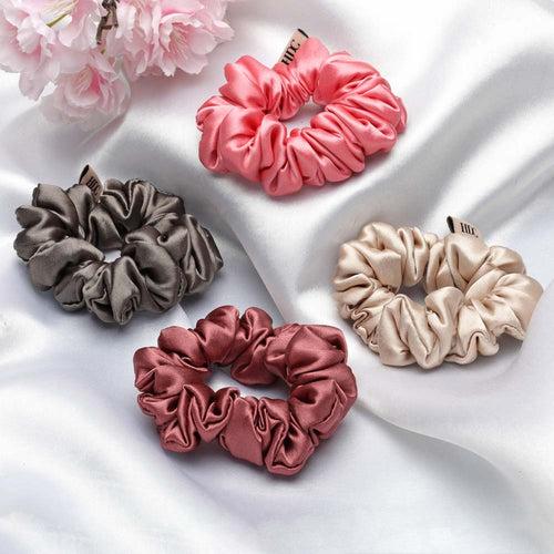 Pink multicoloured Silk Satin Scrunchies – Pack of Four