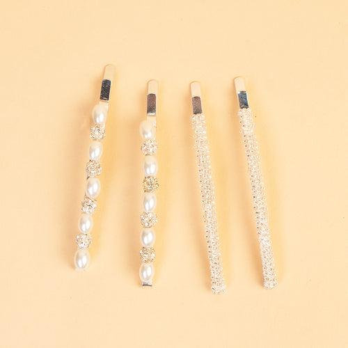 Pearl & Crystal Hair Pins - Set of 4 - Off-White