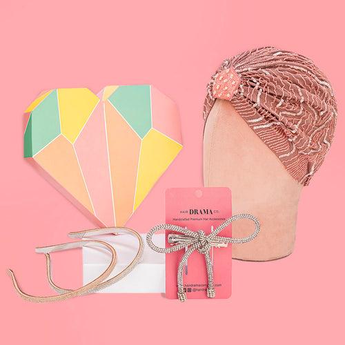Bling Gift Box with 1 Embroidered Turban, 1 Crystal Hair Bow and 2 Crystal Hair Bands - Rose Gold