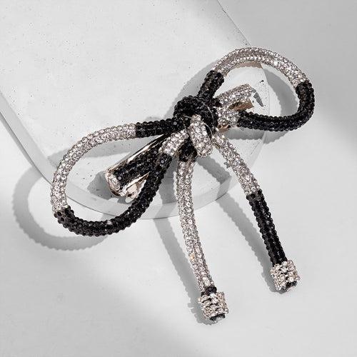 Crystal Hair Bow Barrette Clip - Silver & Black