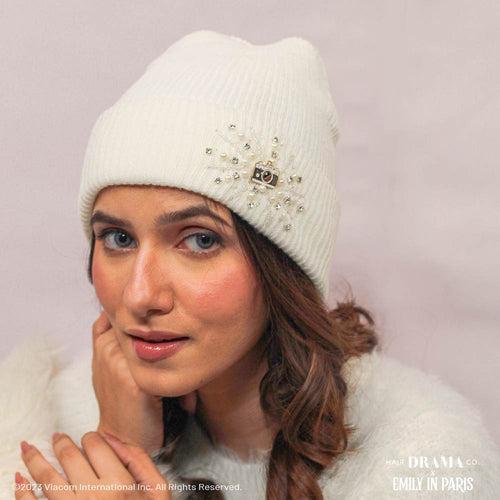 HDC X Emily In Paris White Beanie with Pearls, Crystals & Camera Charm