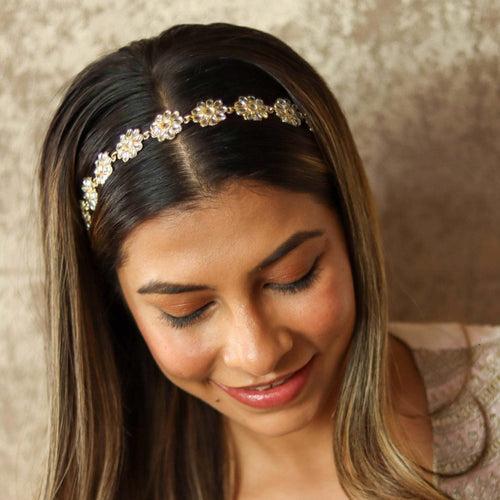 Floral Gold Plated Hair Band with White Polki