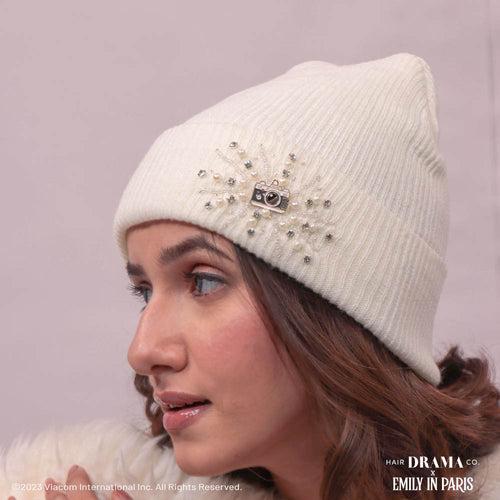 HDC X Emily In Paris White Beanie with Pearls, Crystals & Camera Charm