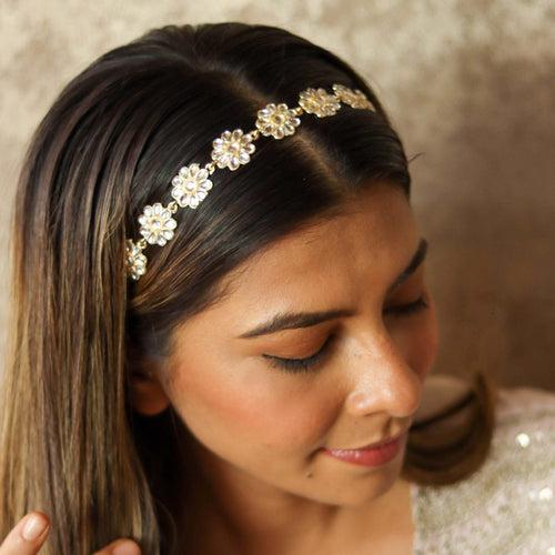 Floral Gold Plated Hair Band with White Polki