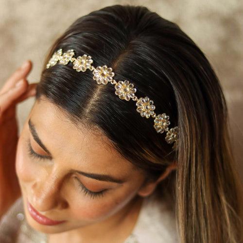 Floral Gold Plated Hair Band with White Polki