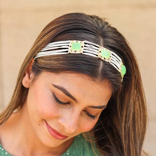 Gold Plated Hair Band with White Polki, Pearls and Enamel in Light Green