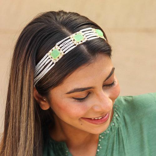 Gold Plated Hair Band with White Polki, Pearls and Enamel in Light Green