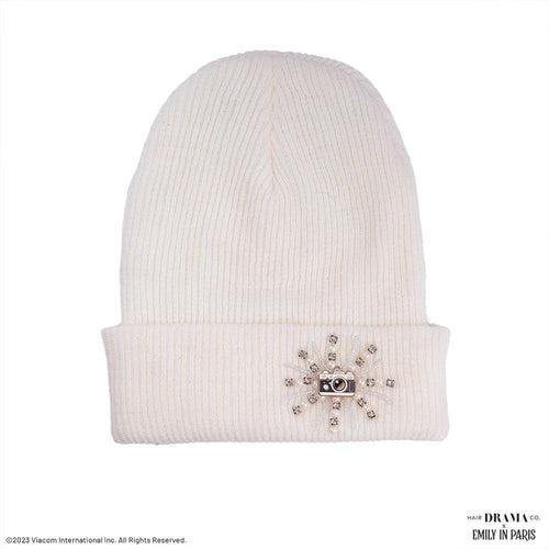HDC X Emily In Paris White Beanie with Pearls, Crystals & Camera Charm