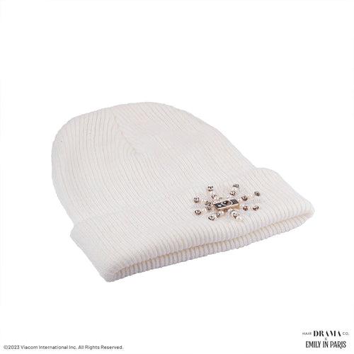 HDC X Emily In Paris White Beanie with Pearls, Crystals & Camera Charm
