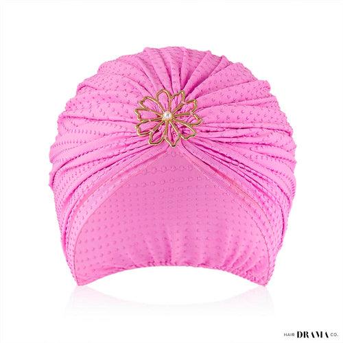 Lilac Dotted Turban with Flower Pearl Metal Broach