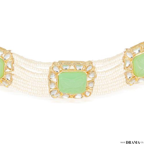 Gold Plated Hair Band with White Polki, Pearls and Enamel in Light Green