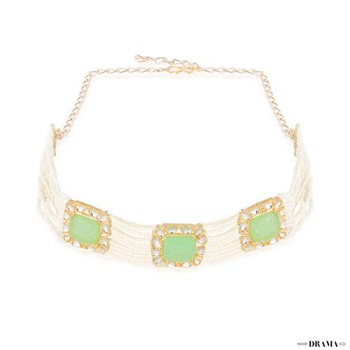 Gold Plated Hair Band with White Polki, Pearls and Enamel in Light Green