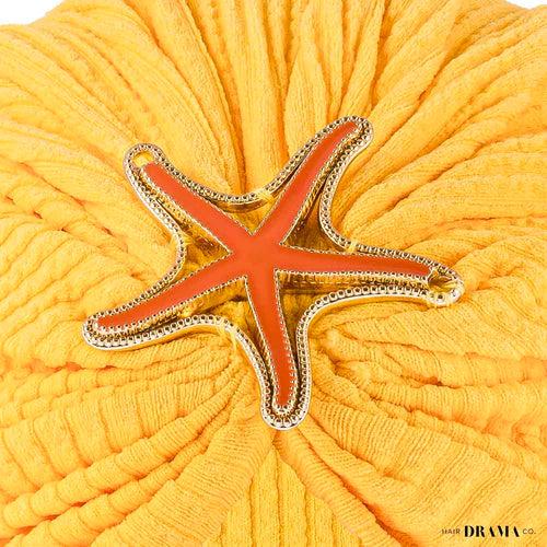 Yellow Ribbed Turban with Starfish Metal Broach