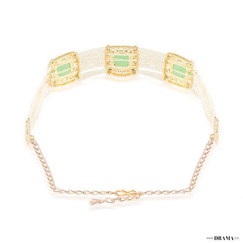 Gold Plated Hair Band with White Polki, Pearls and Enamel in Light Green