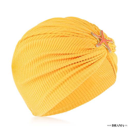 Yellow Ribbed Turban with Starfish Metal Broach