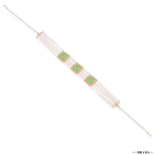 Gold Plated Hair Band with White Polki, Pearls and Enamel in Light Green