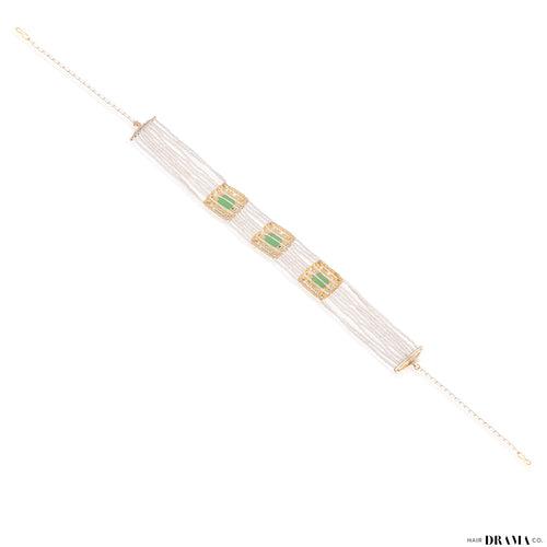 Gold Plated Hair Band with White Polki, Pearls and Enamel in Light Green