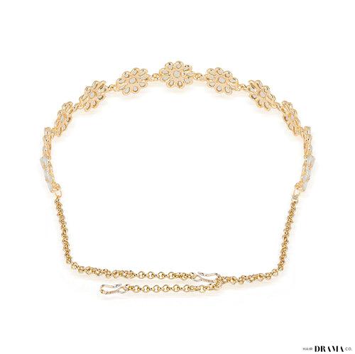 Floral Gold Plated Hair Band with White Polki