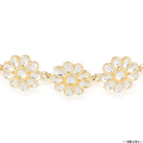 Floral Gold Plated Hair Band with White Polki