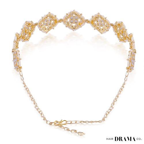 Gold-Plated Kundan, Polki and Pearls Studded Diamond Head Chain