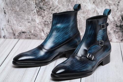 Triple Monk Strap Boots - Navy