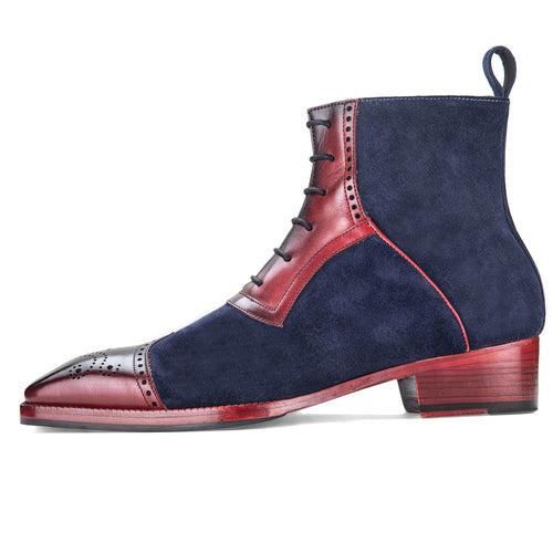 Wingtip Lace Up Ankle Boots - Navy Suede & Burgundy