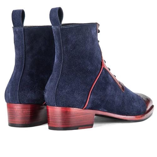 Wingtip Lace Up Ankle Boots - Navy Suede & Burgundy