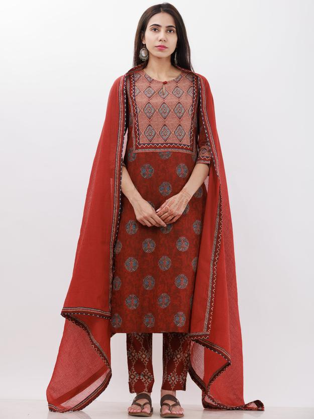 Ajrakh Lavanya Set Of Kurta Pants Dupatta