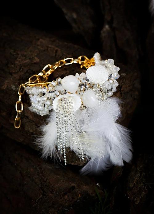 Jasmine Uneven Bead Tassel Feather Bracelet