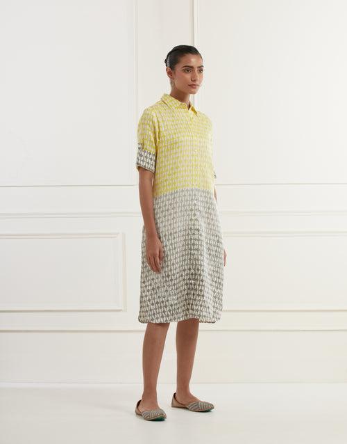 Yellow And Grey Ombre' Shirt Dress Created With Block Print  In Linen Satin With Pittan Embroidery Front