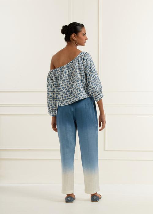 Blue Ombre' Shaded Hand Dyed Linen Satin Straight Fit Trouser