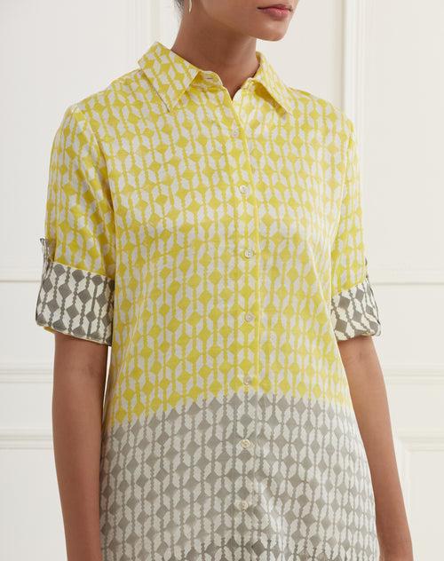 Yellow And Grey Ombre' Shirt Dress Created With Block Print  In Linen Satin With Pittan Embroidery Front