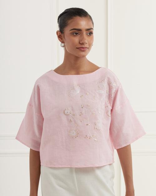 Pink linen top with intricate thread and pittan embroidery