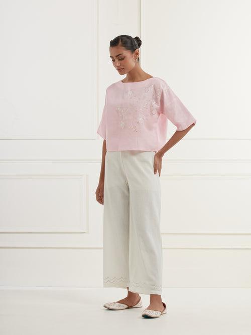 Pink linen top with intricate thread and pittan embroidery