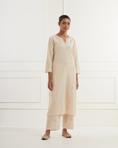 Peach Cotton Slub Panelled Kurta With Embroidery Details At Neck And Sleeves And Straight Pants With Pittan Embroidery