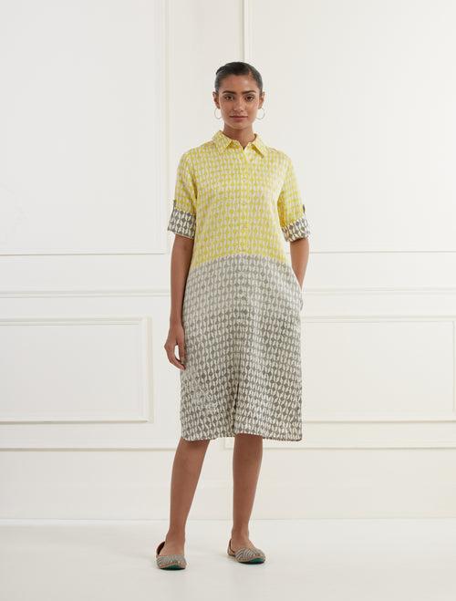 Yellow And Grey Ombre' Shirt Dress Created With Block Print  In Linen Satin With Pittan Embroidery Front