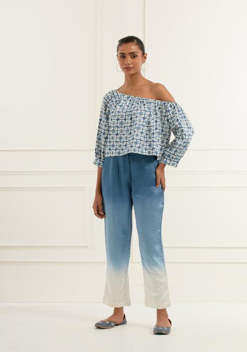 Blue Ombre' Shaded Hand Dyed Linen Satin Straight Fit Trouser