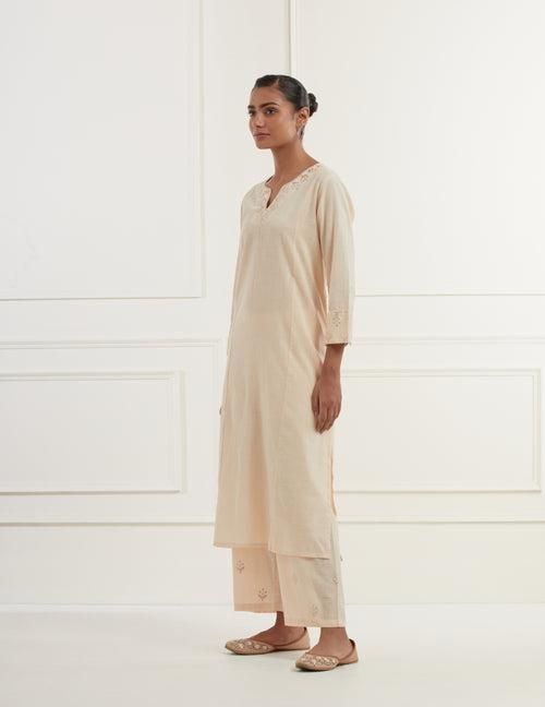 Peach Cotton Slub Panelled Kurta With Embroidery Details At Neck And Sleeves And Straight Pants With Pittan Embroidery