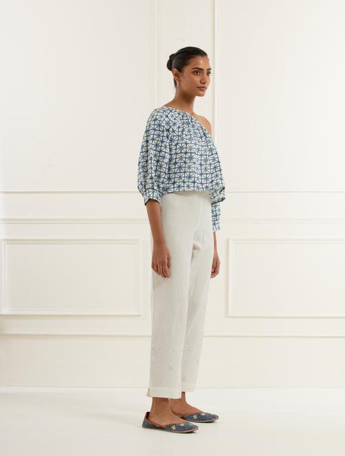 Blue Block Printed Off-shoulder Top In Linen Satin With Pittan Embroidery Dots