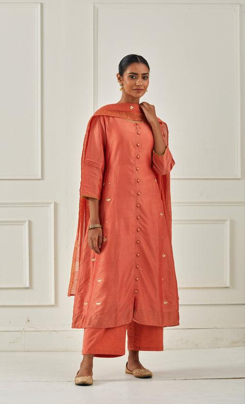 RUST RED SIDE KALI KURTA SET WITH DUPATTA - SET OF 3