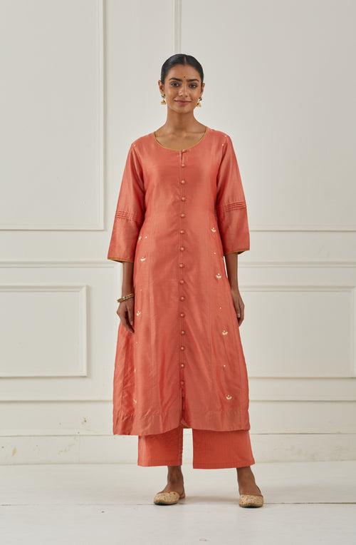 RUST RED SIDE KALI KURTA SET WITH DUPATTA - SET OF 3