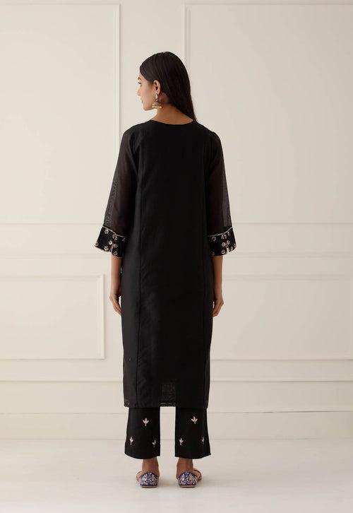 BLACK CHANDERI V-NECK KURTA