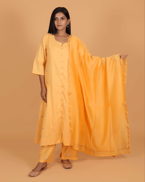 Yellow Side Kali Cotton Suit Set - Set of 3