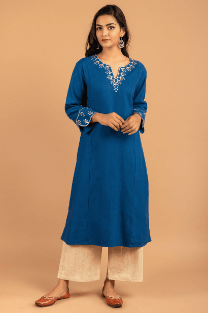 Indigo blue Matka silk Kurta and pant-set of 2