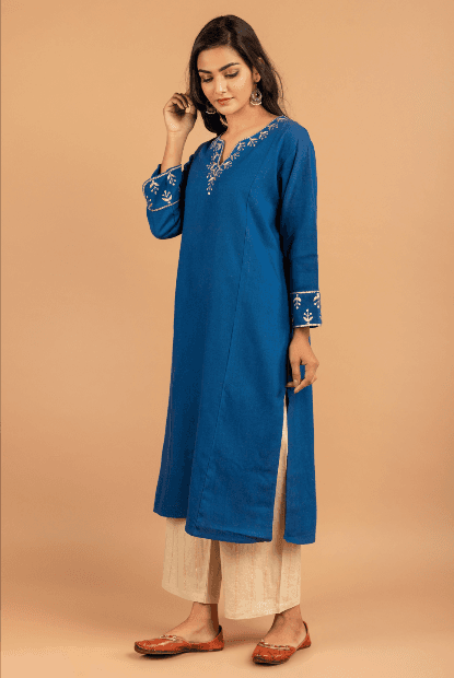 Indigo blue matka silk Kurta