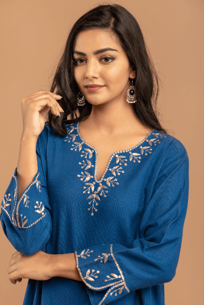 Indigo blue matka silk Kurta