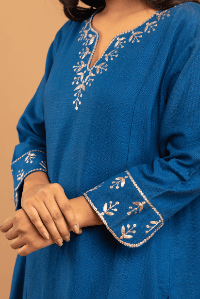 Indigo blue Matka silk Kurta and pant-set of 2