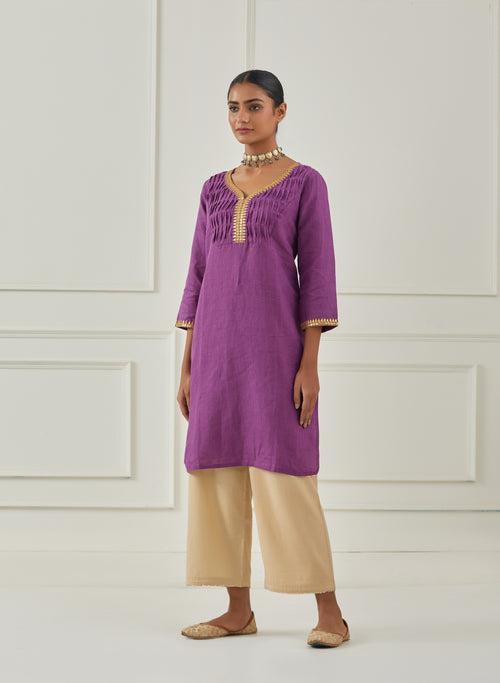 PURPLE GOTA NECK WORK LINEN KURTA