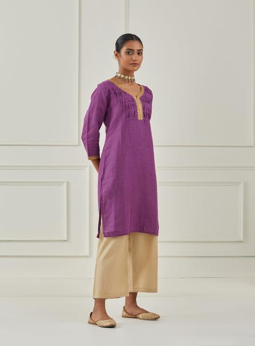 PURPLE GOTA NECK WORK LINEN KURTA